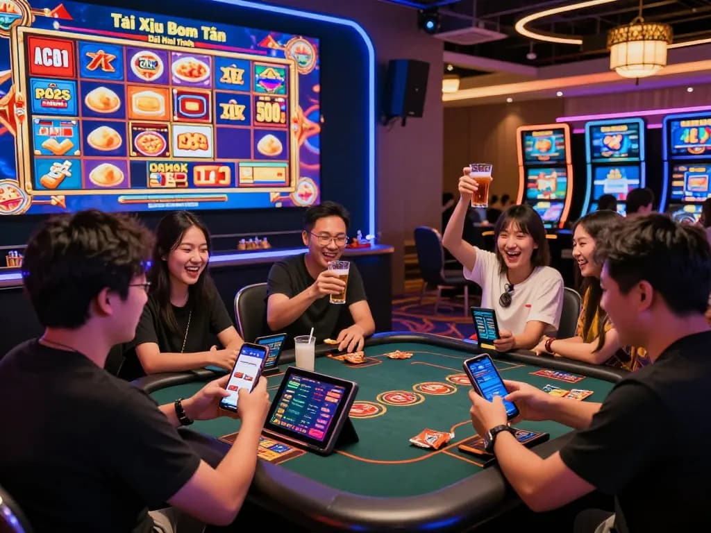 Engaging players enjoying the vibrant B52 Club experience through the tải b52club mobile app in a modern online casino setting.