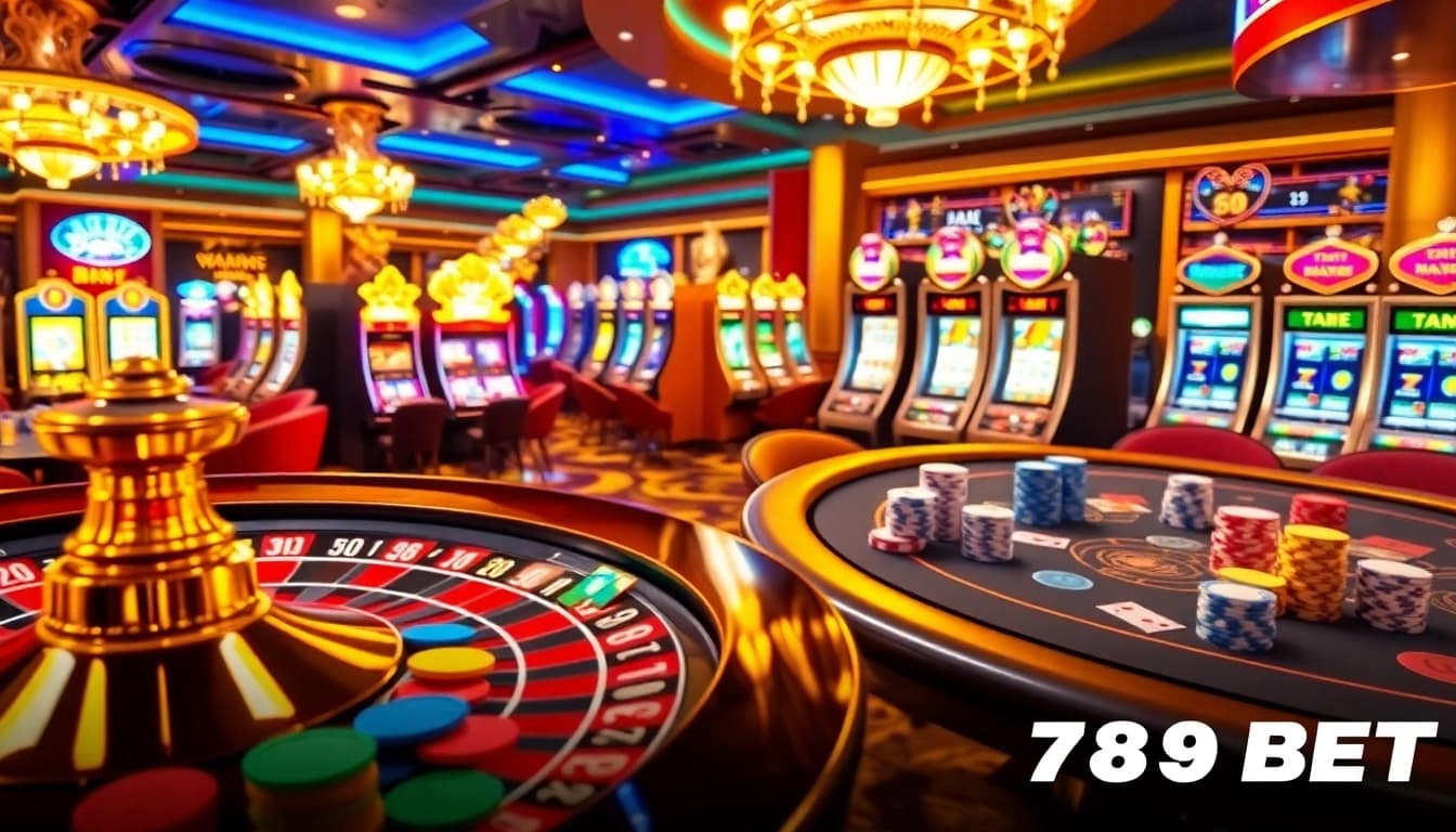 Experience the excitement of 789 BET casino with vibrant tables, roulette wheels, and digital interfaces.