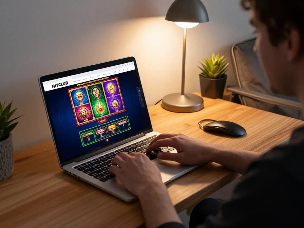 Player engaging with HITCLUB online casino platform, focused on strategy while gaming.