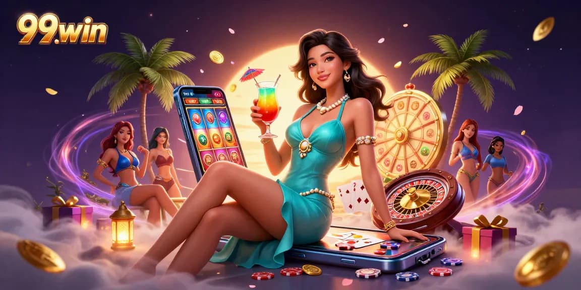 Win big with 99win! Enjoy dazzling casino games and tropical vibes in this vibrant illustration.
