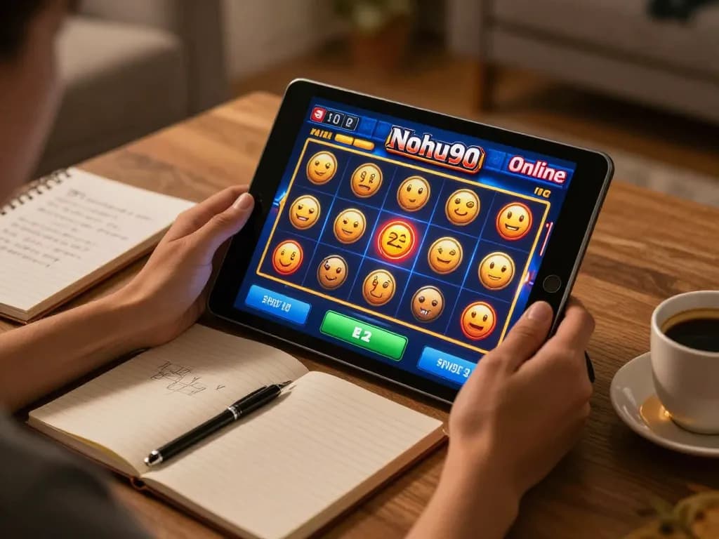Nohu90 player engaging with vibrant online slot game on tablet in cozy home setting.