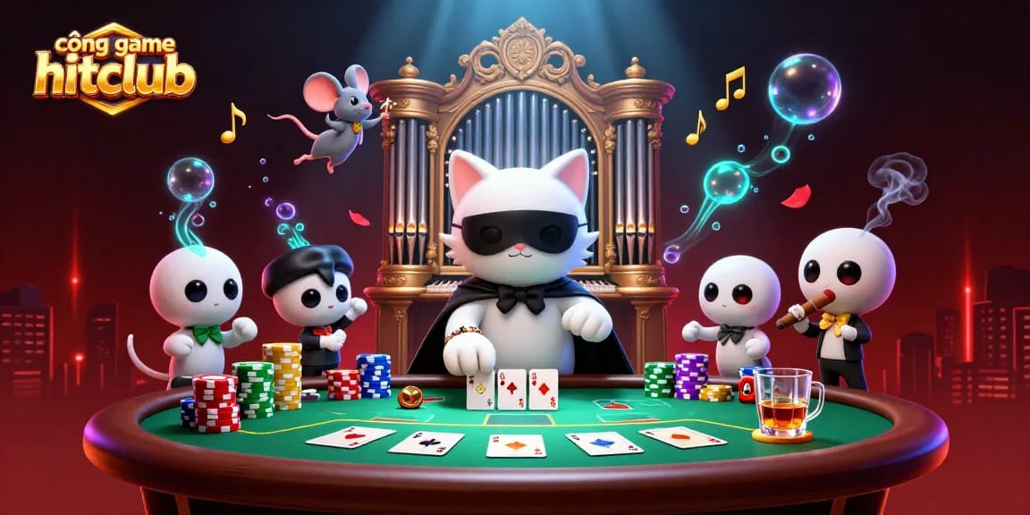 Join the excitement at cổng game hitclub with a vibrant casino scene featuring a unique phantom cat.