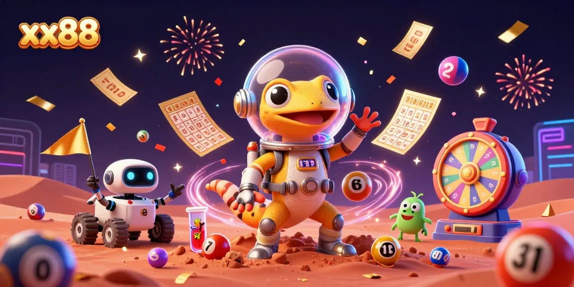 Engage in thrilling gaming adventures at xx88 with Martian gecko exploring a vibrant casino.