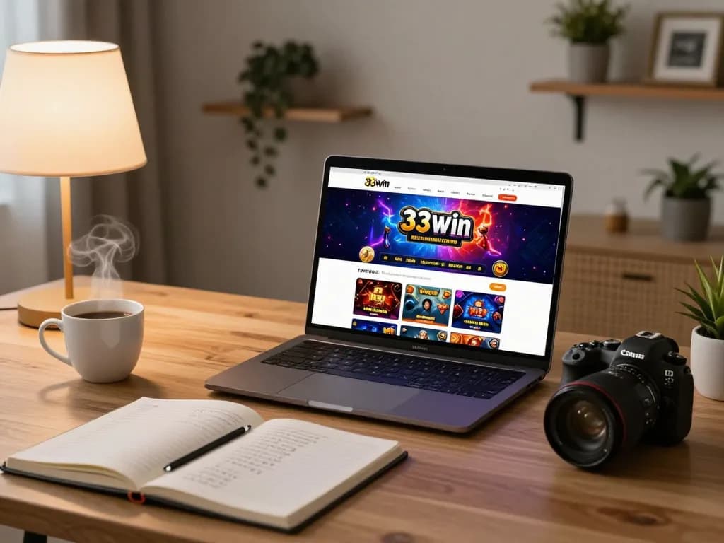Player engaging with 33win app on a laptop during a cozy home gaming session, emphasizing strategic gameplay.