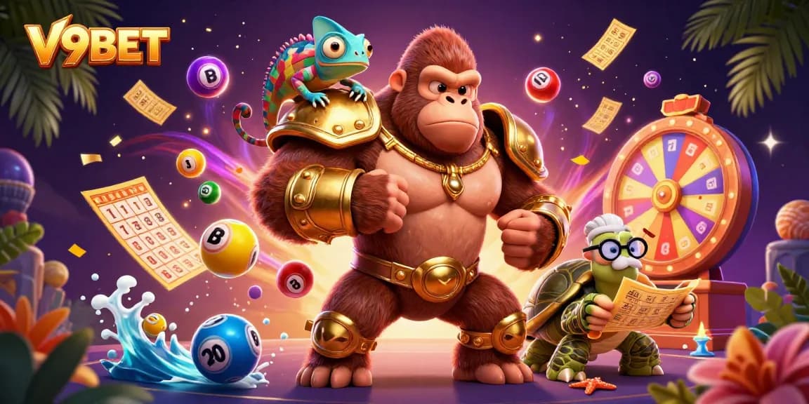 Engage with V9BET's dynamic gaming universe featuring a gorilla king and whimsical characters amidst lottery excitement.