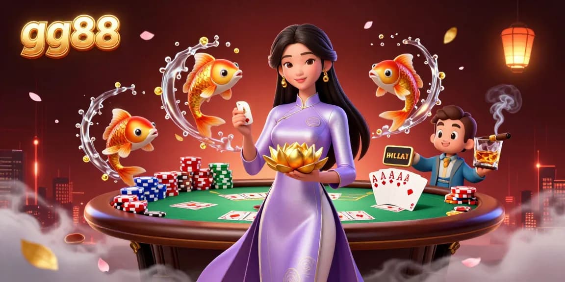 Experience exciting poker action with gg88's vibrant casino illustration featuring an Asian woman, koi fish, and dynamic gaming elements.