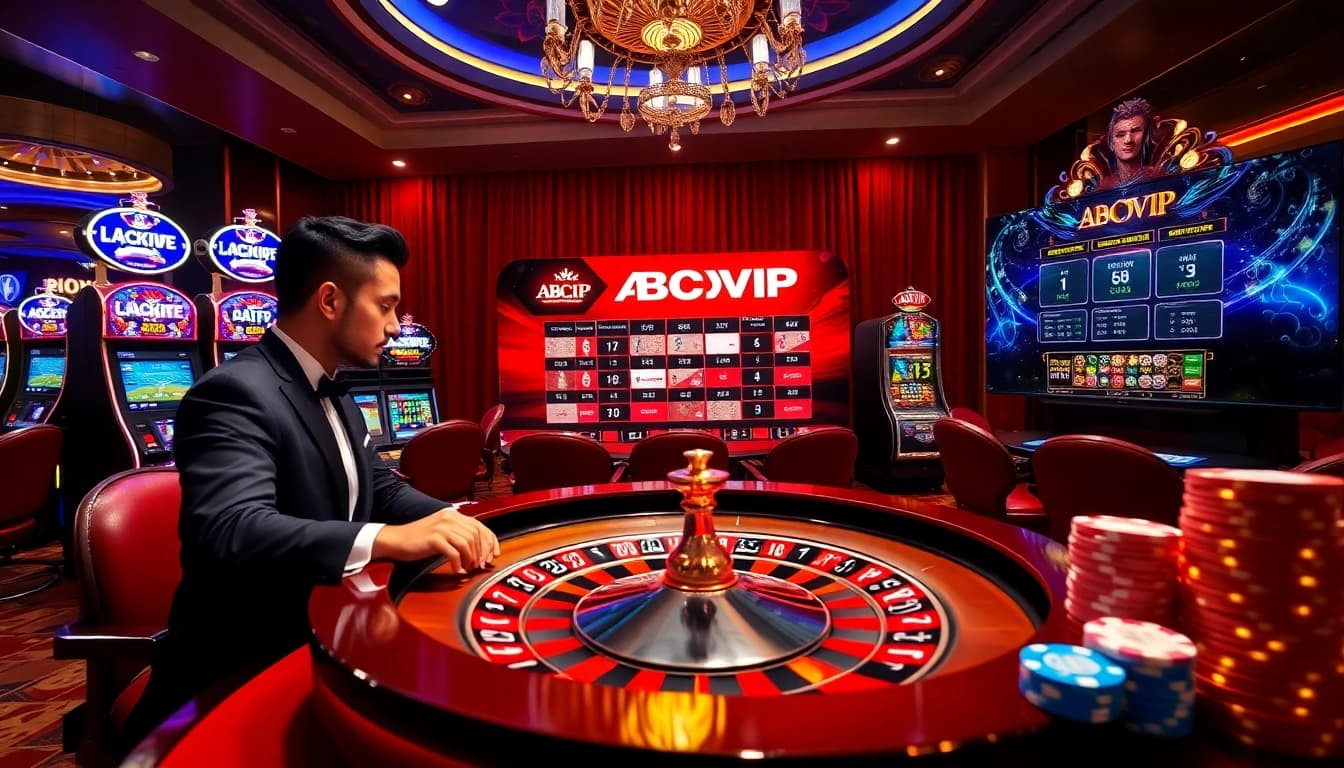 Experience the thrill of ABCVIP with a luxurious casino scene featuring roulette and slot machines.
