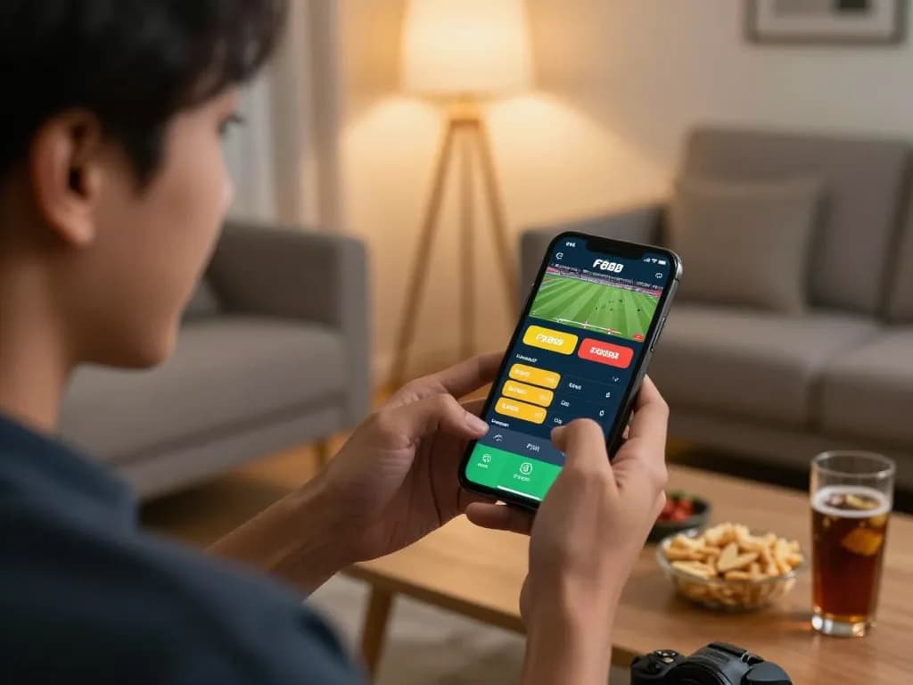 Engaging with nhà cái FB88 app on smartphone while watching live sports, capturing excitement in home setup