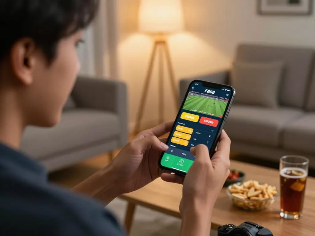 Engaging with nhà cái FB88 app on smartphone while watching live sports, capturing excitement in home setup