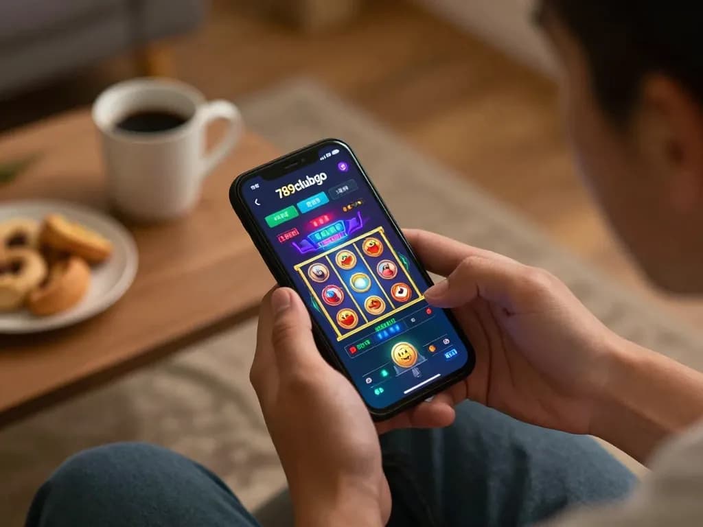 Engaging with 789clubgo app showcasing vibrant slot games on a smartphone at home.