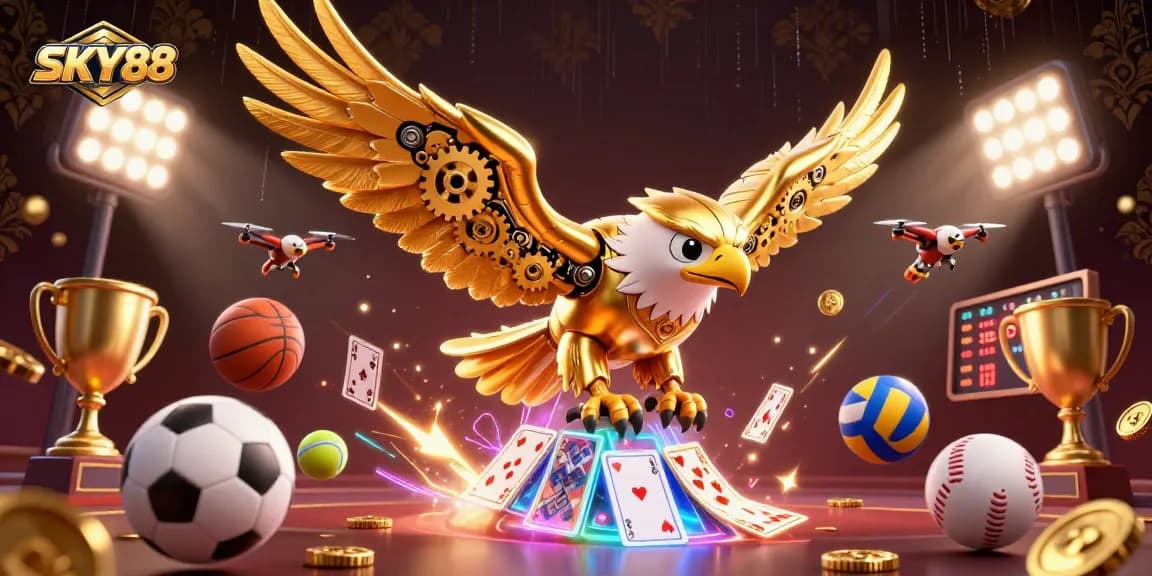 Experience thrilling action at SKY88 with a dynamic illustration of a golden eagle diving through holographic cards amidst sports elements.