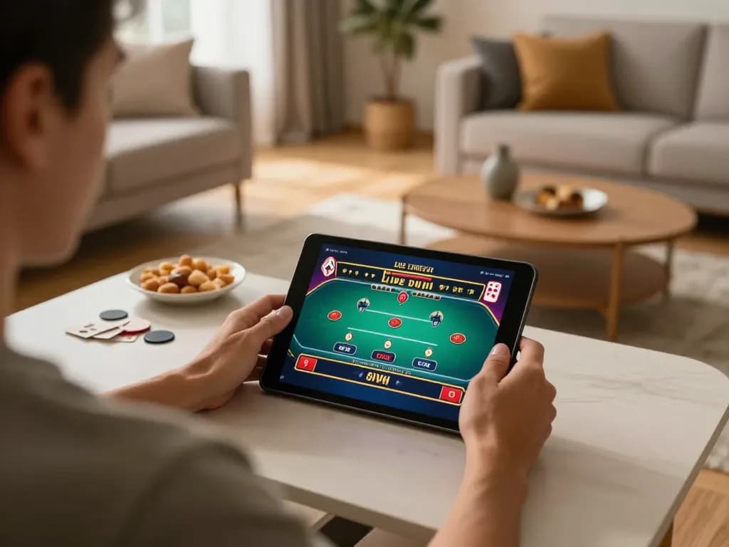 Engaging in online casino gameplay at TR88 trang chủ, highlighting strategic poker action in a cozy home setting.