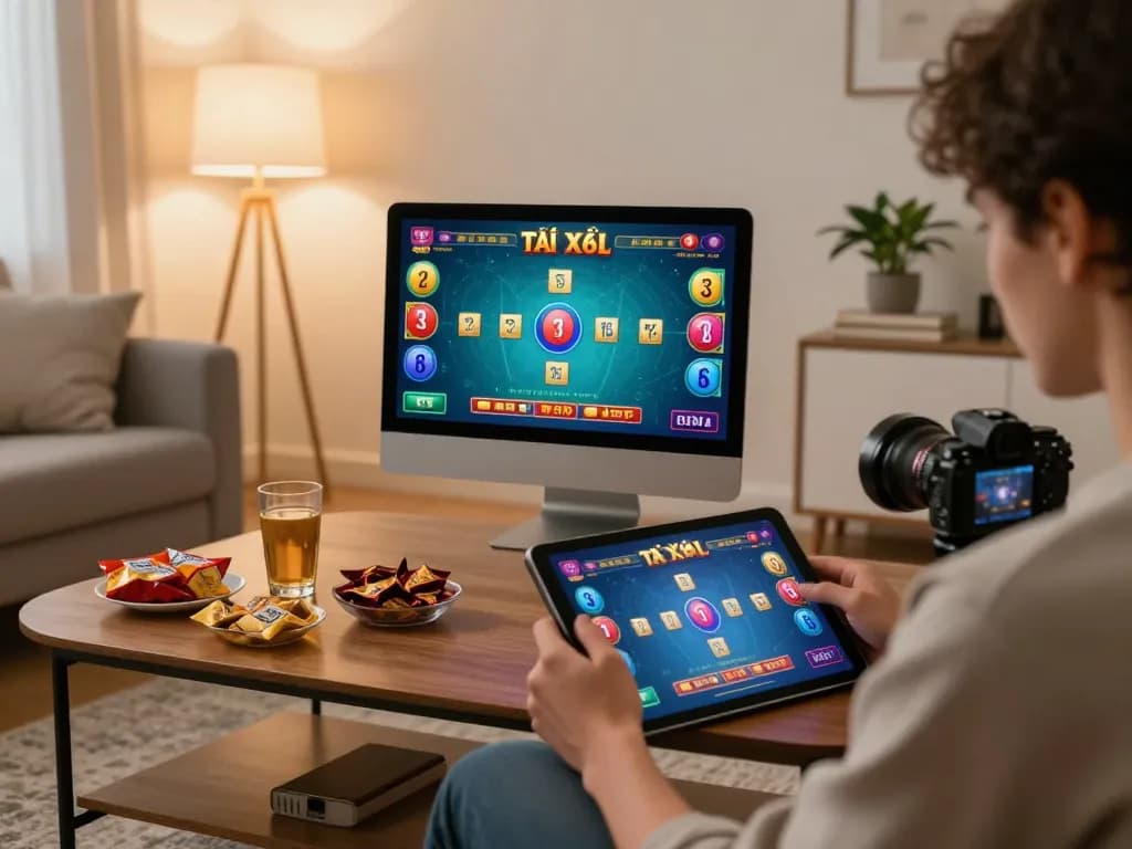 Tài xỉu online action on tablet in vibrant home setting with warm ambient lighting.