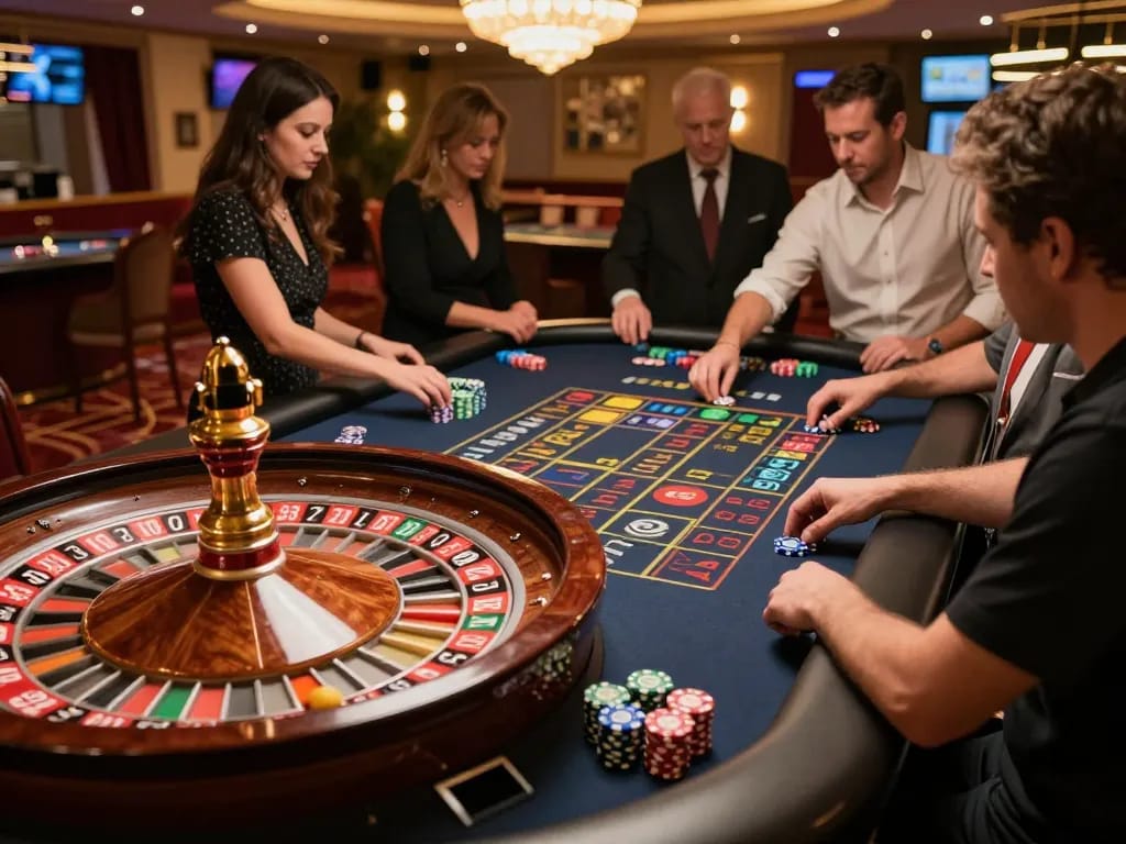 HITCLUB players enjoy the excitement of betting on a vibrant roulette table in a luxury casino setting