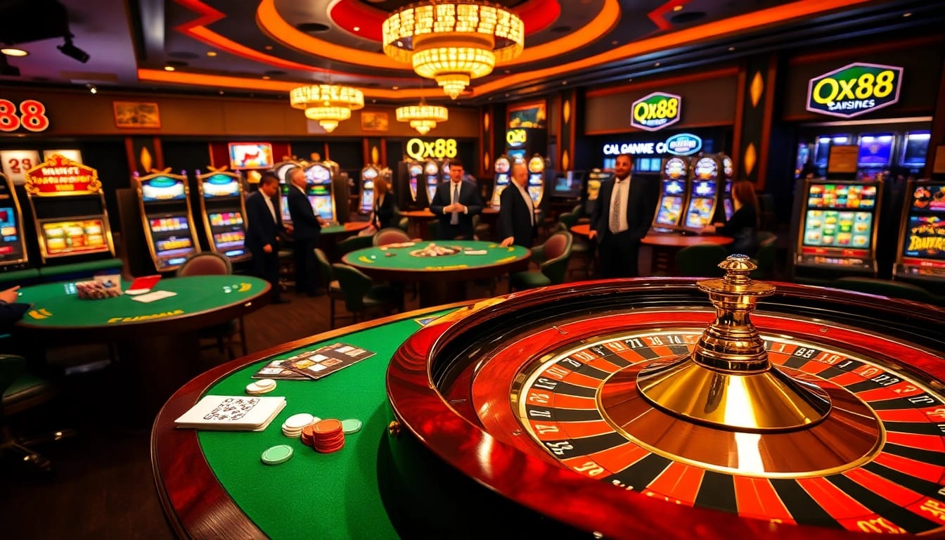Exciting gambling scene at a QQ 88 casino with roulette, cards, and vibrant atmosphere.