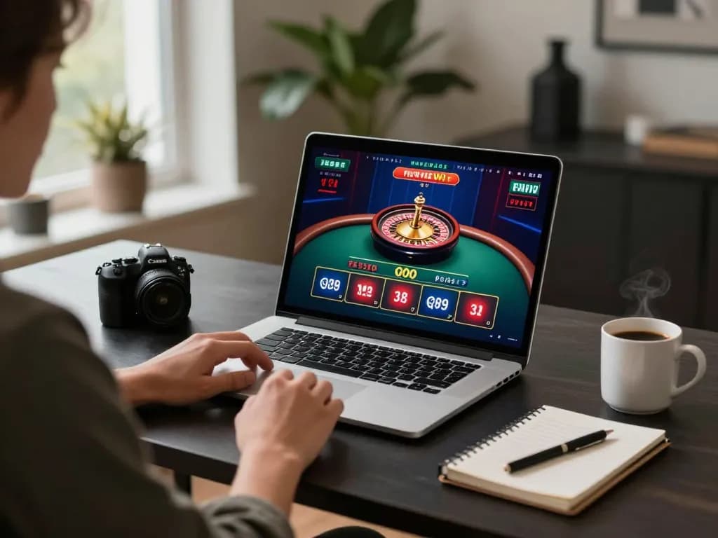 Player engages in online gambling with go89, using live dealer casino setup and laptop at stylish desk.