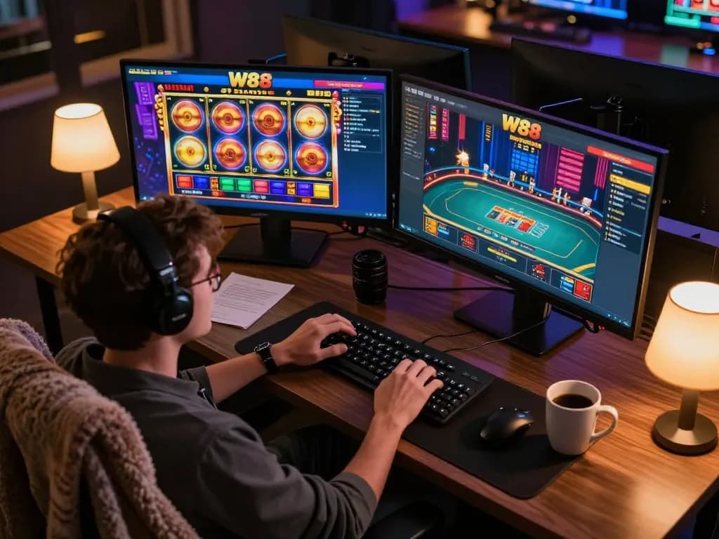 Player engaging in exciting W88 online gaming session, showcasing vibrant live dealer table and slot reels.