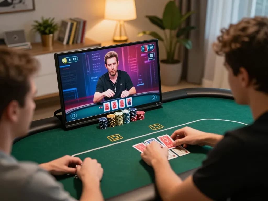 Playing poker online at home with 789win789 app on tablet, creating a strategic gambling environment.