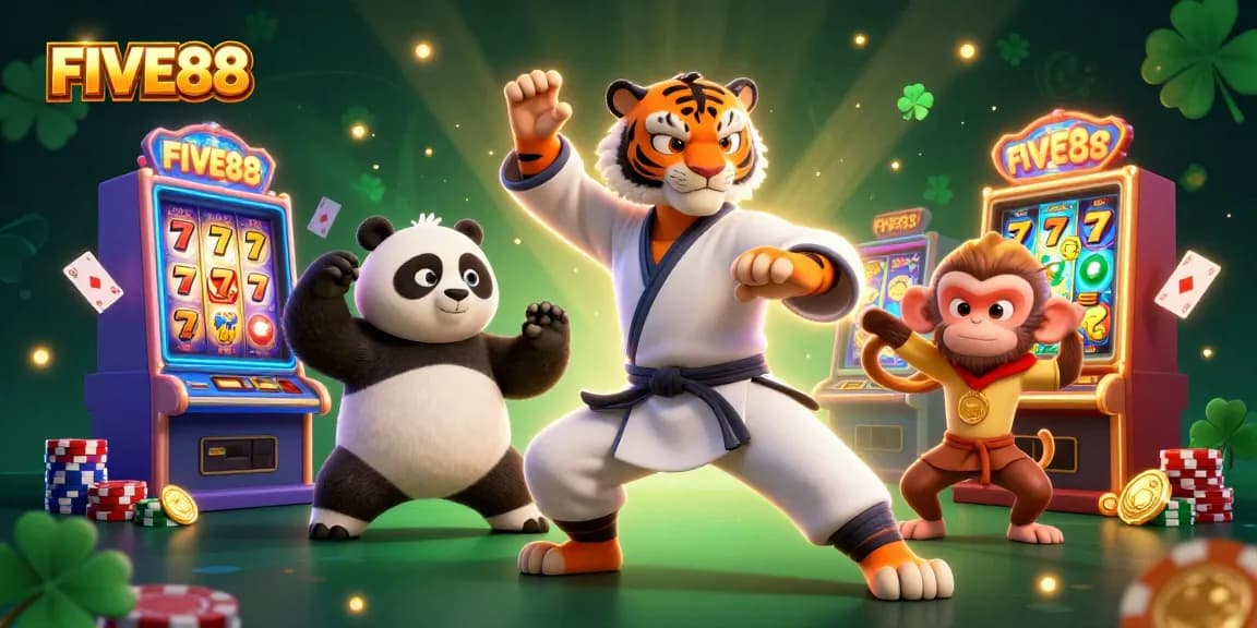 Experience thrilling gaming with FIVE88's spectacular casino-themed 3D illustration featuring vibrant slot machines and characters.