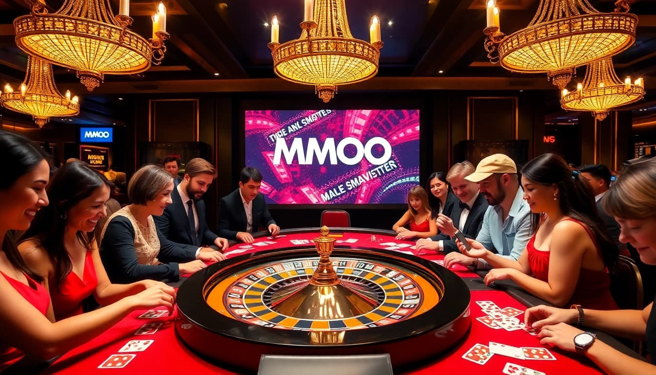Experience the thrill of MMOO gambling with a vibrant casino scene featuring roulette and eager players.