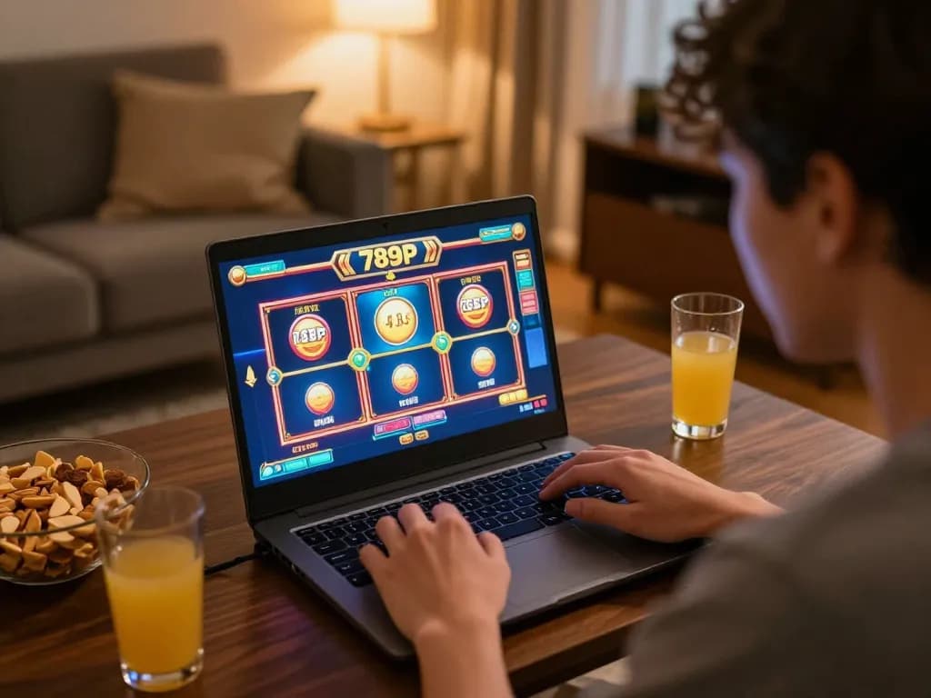Engaged player enjoying 789p online slots in cozy home setting with laptop