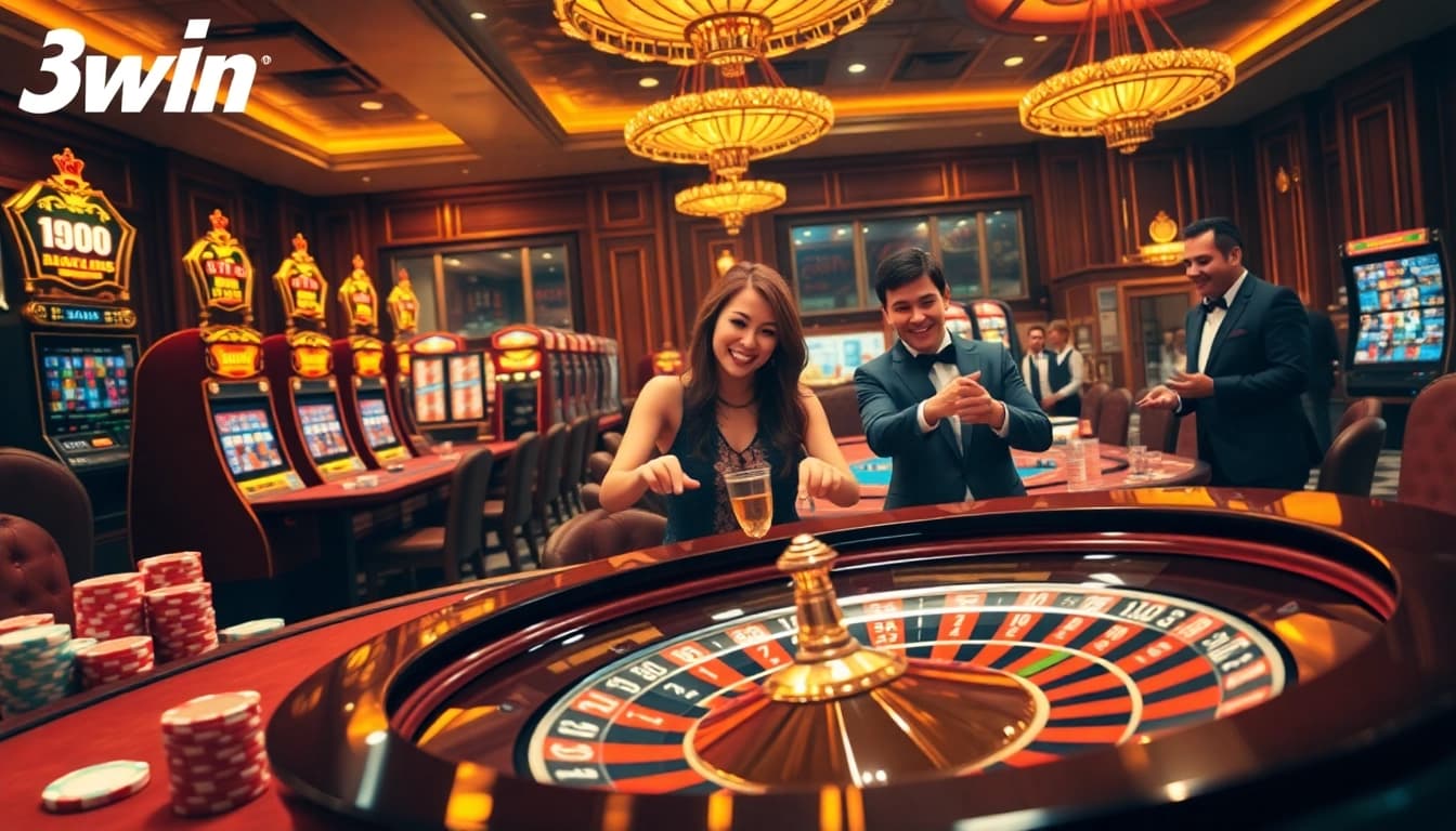 3win gamblers enjoying a vibrant casino atmosphere with professional dealers at luxurious tables.