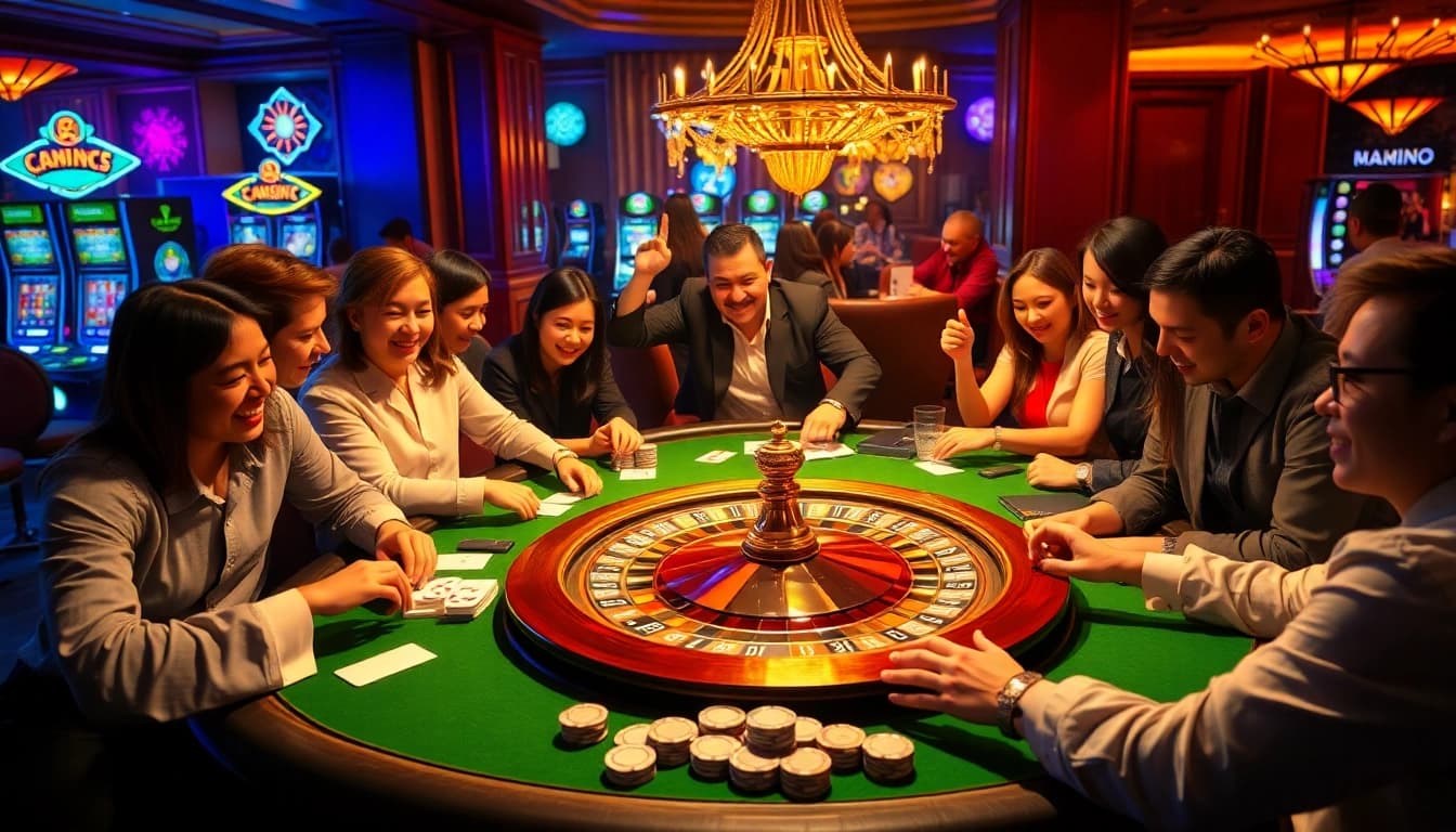 Players engaging in an exciting poker game at https://qq88z.net/ casino, showcasing vibrant chips and cards.