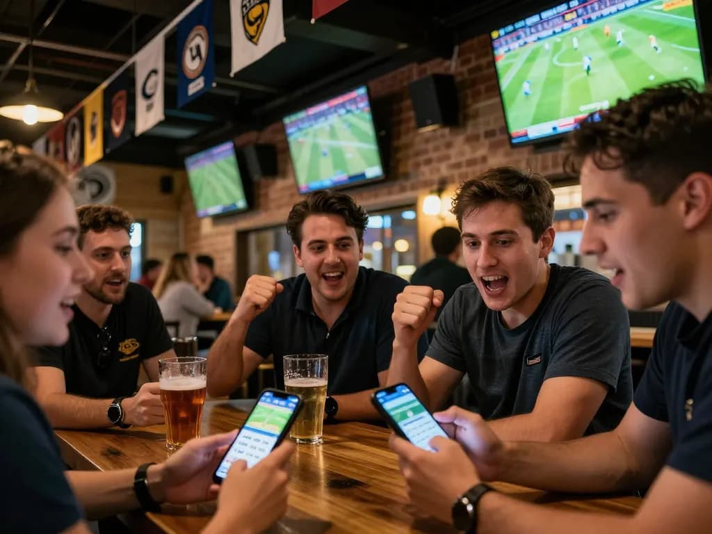 Bsport mobile betting app showcased as friends enjoy a thrilling sports bar atmosphere while placing live bets