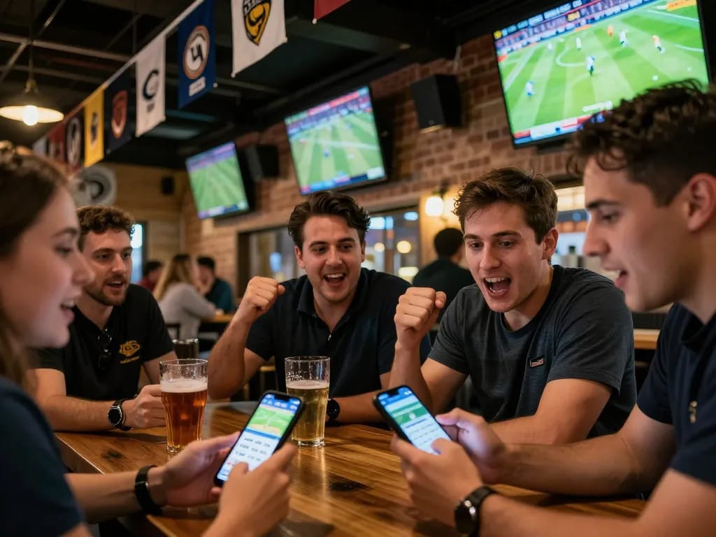 Bsport mobile betting app showcased as friends enjoy a thrilling sports bar atmosphere while placing live bets