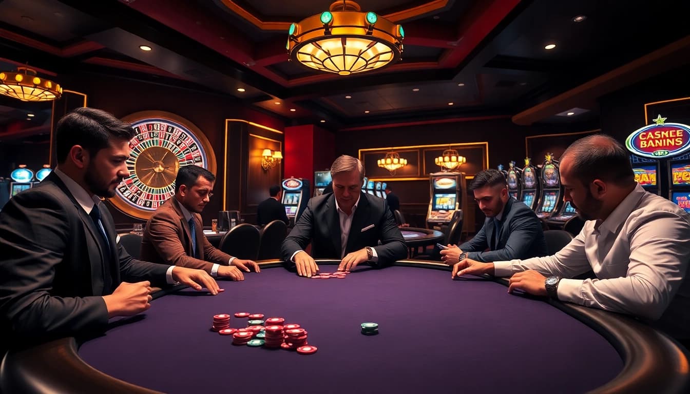 Intense poker game at QQ88pro Vip casino, showcasing professional players and luxury atmosphere.