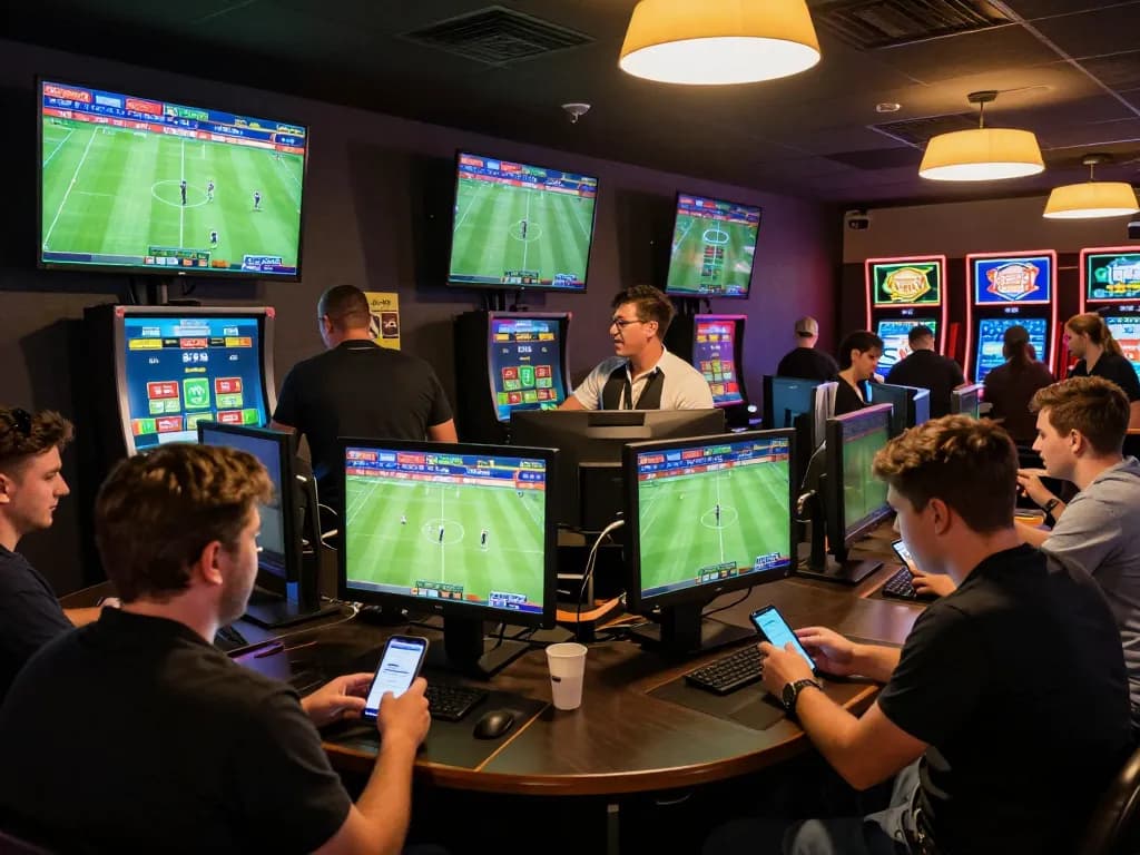 keobongda sports betting scene with enthusiastic bettors using mobile apps during live football match