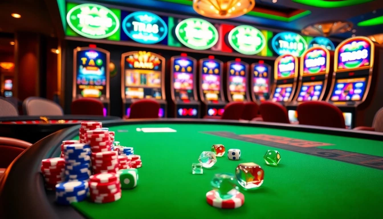 Experience tr88 excitement at a vibrant casino table filled with colorful chips and illuminated slot machines.