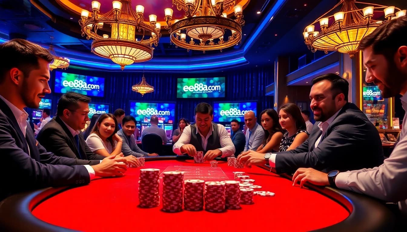 Exciting blackjack action at ee88a.co.com with professional players and vibrant casino ambiance.