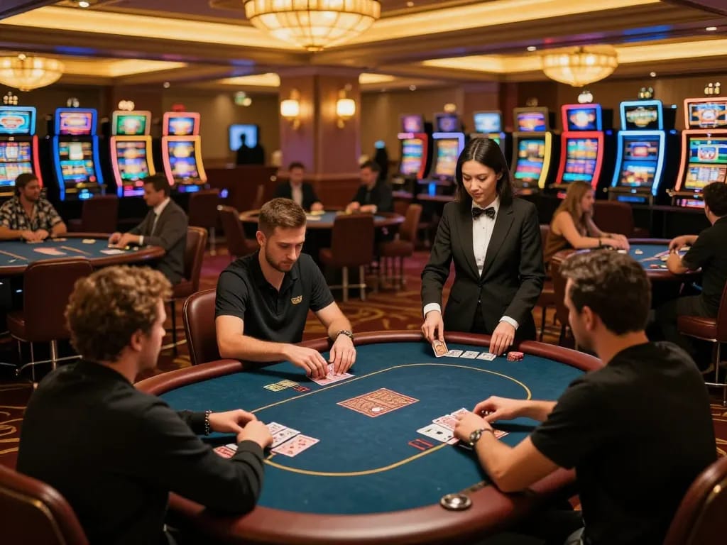Experience MEGA888 poker action with players making strategic decisions in a luxurious casino.