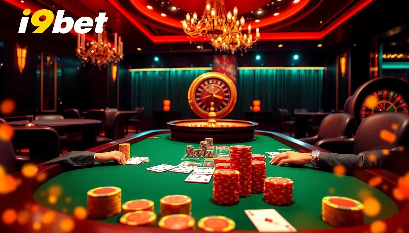 Experience thrilling poker action at i9bet with vibrant casino visuals and luxurious gaming atmosphere.