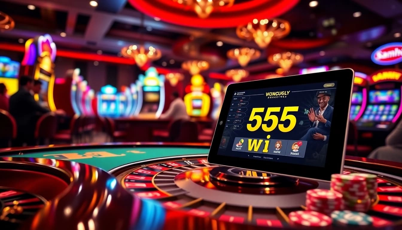 Exciting casino gameplay featuring "555 win" on a vibrant roulette table with colorful slot machines.