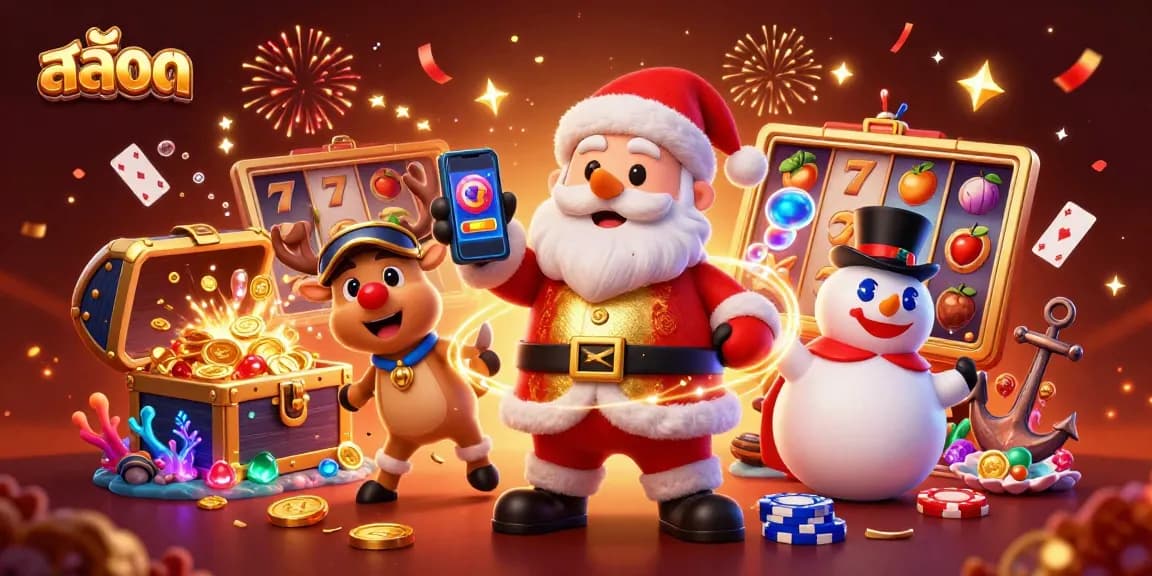 Spin the สล็อต reels with luck, as Santa and friends celebrate jackpots in a vibrant casino scene.