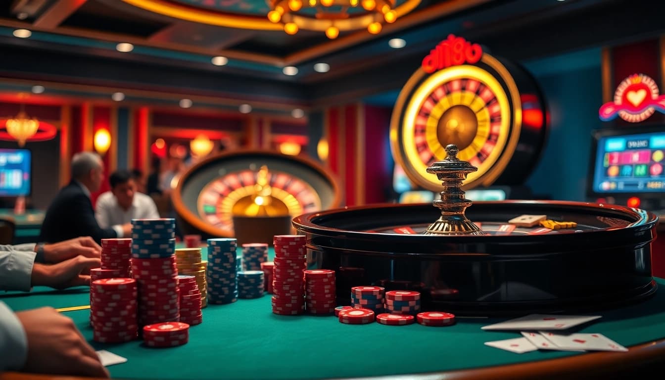 Experience the thrill of dh88 at a luxurious casino table with colorful poker chips and cards.