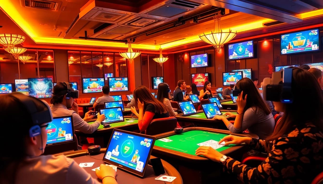 Engaging online gaming scene showcasing players on gamebaidoithuong.com.vc enjoying popular card games and rewards.