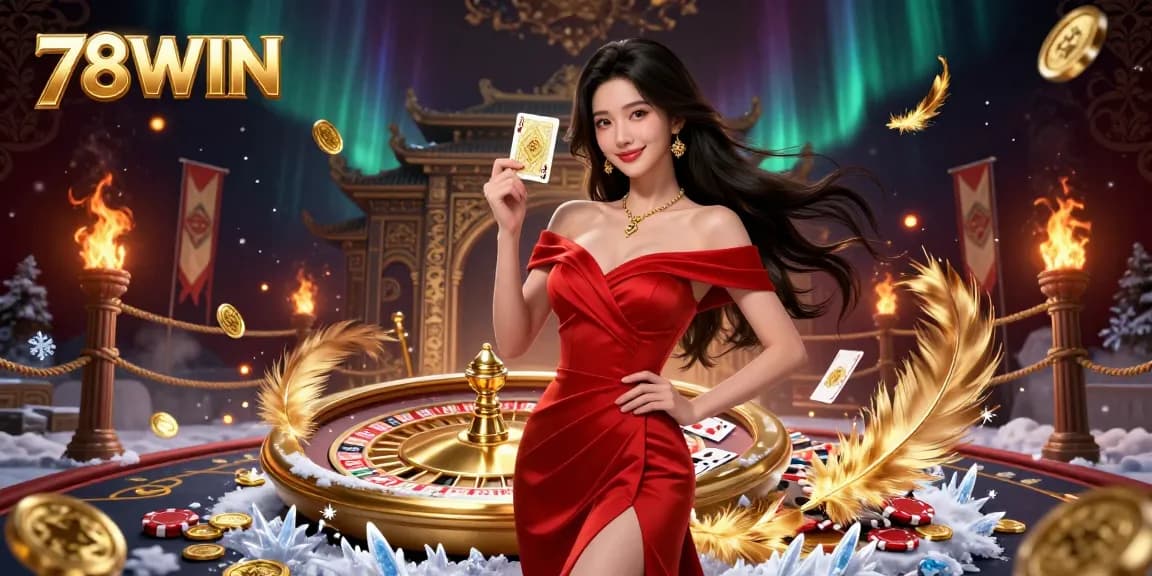 Experience the excitement of 78WIN casino with a confident woman holding a golden card beside a roulette wheel.