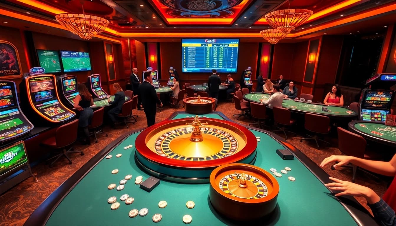 Exciting gameplay atmosphere at open88 com casino with poker tables and slot machines.