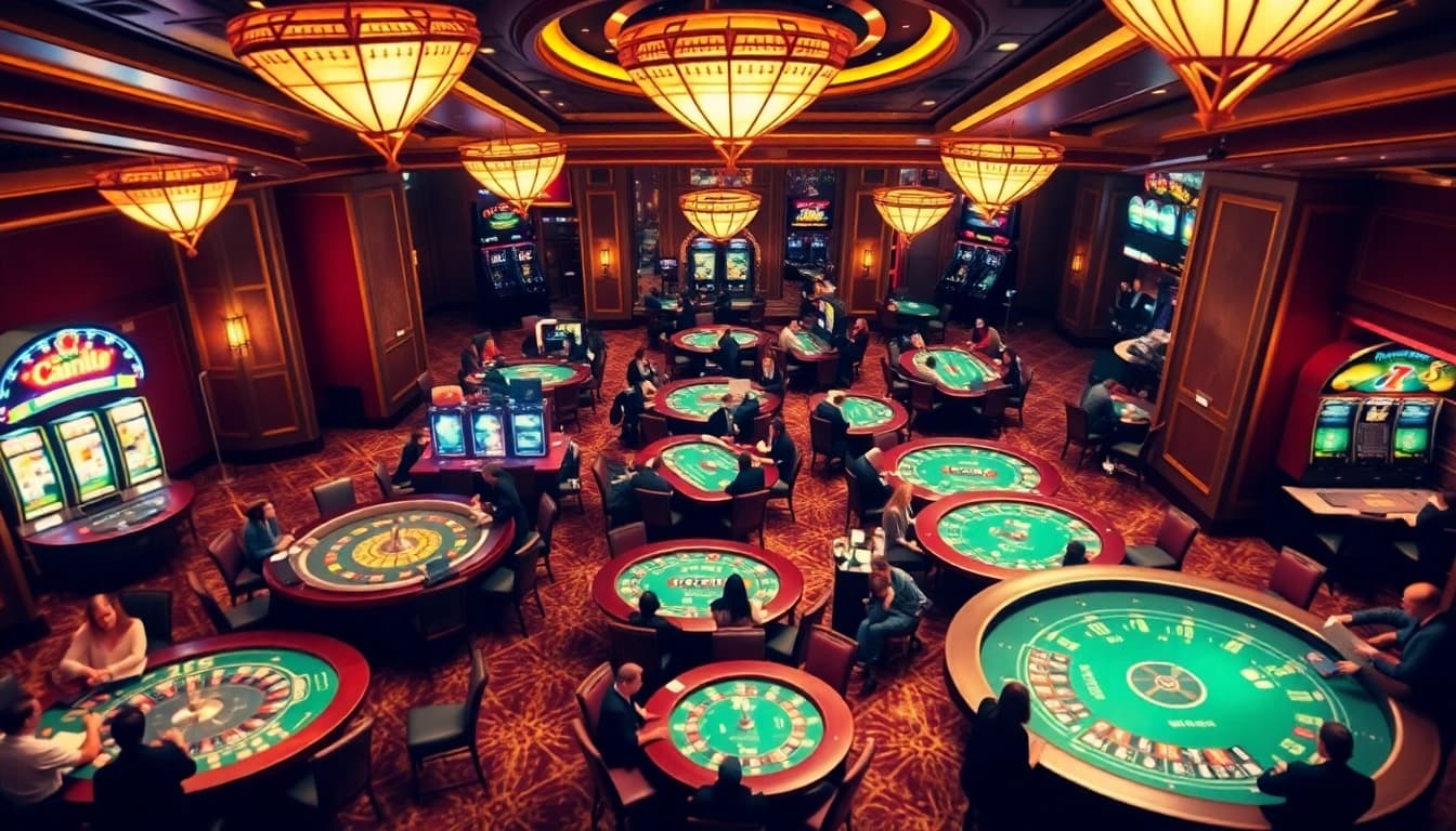 Exciting gaming action at tg88 casino featuring stylish tables and vibrant slot machines.