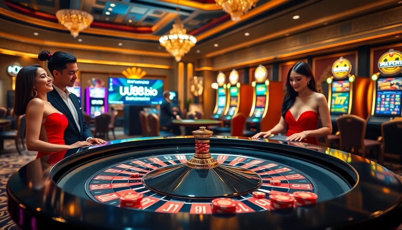 Experience the excitement of gambling at https://uu88.bio/ with players at a roulette table.