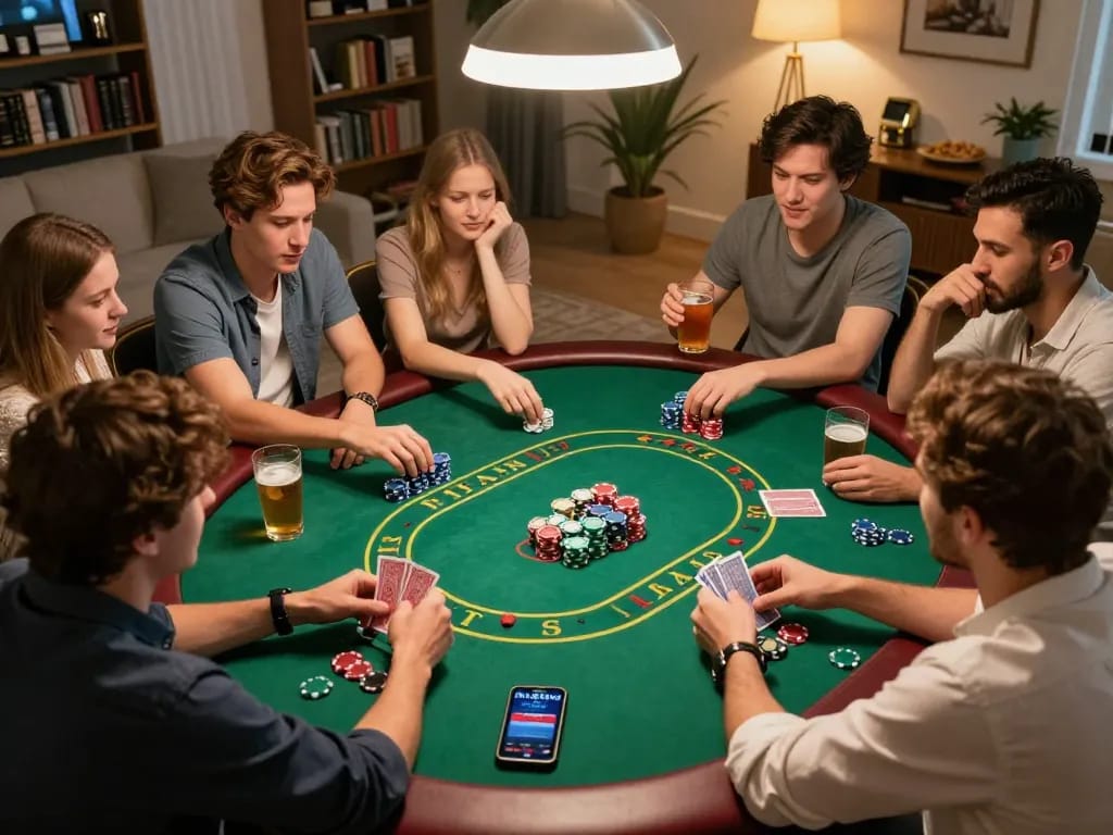 Friends enjoying a poker night at home, playing with chips while using the fly88mx app, creating a lively atmosphere.