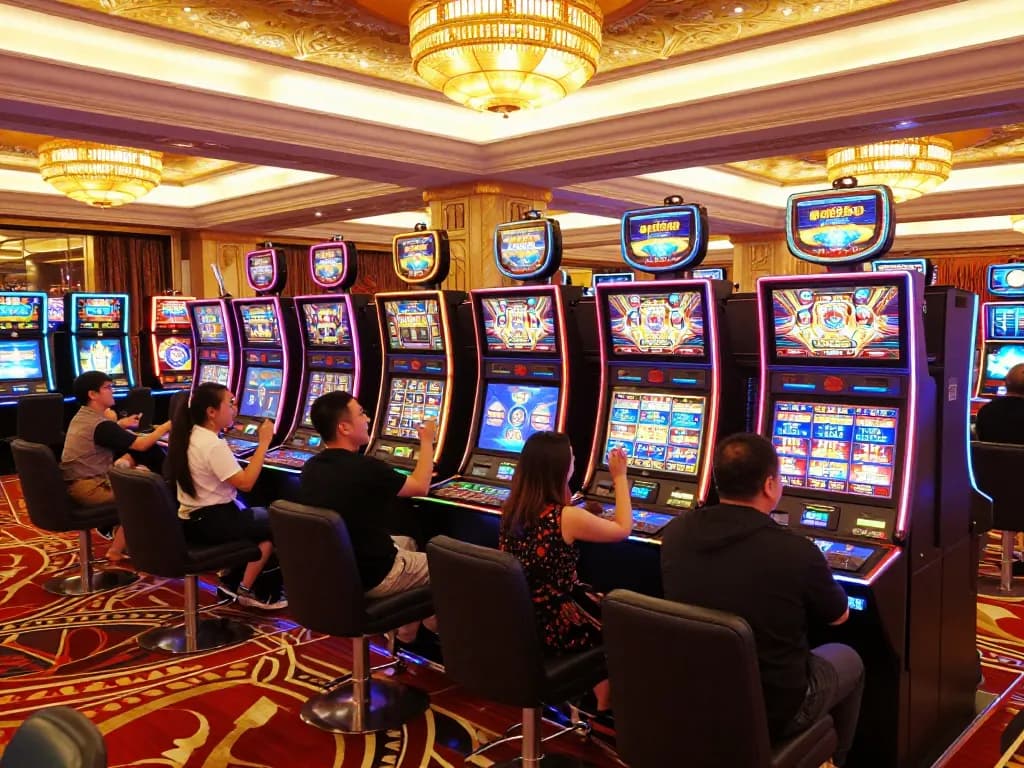 Players celebrating wins on vibrant slot machines at qh88go casino, showcasing excitement and engagement in gambling.