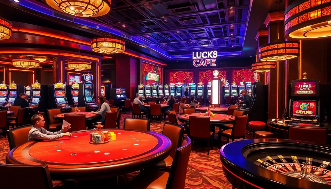 LUCK8 CAFE showcases well-lit gambling tables and vibrant slot machines for a thrilling experience.