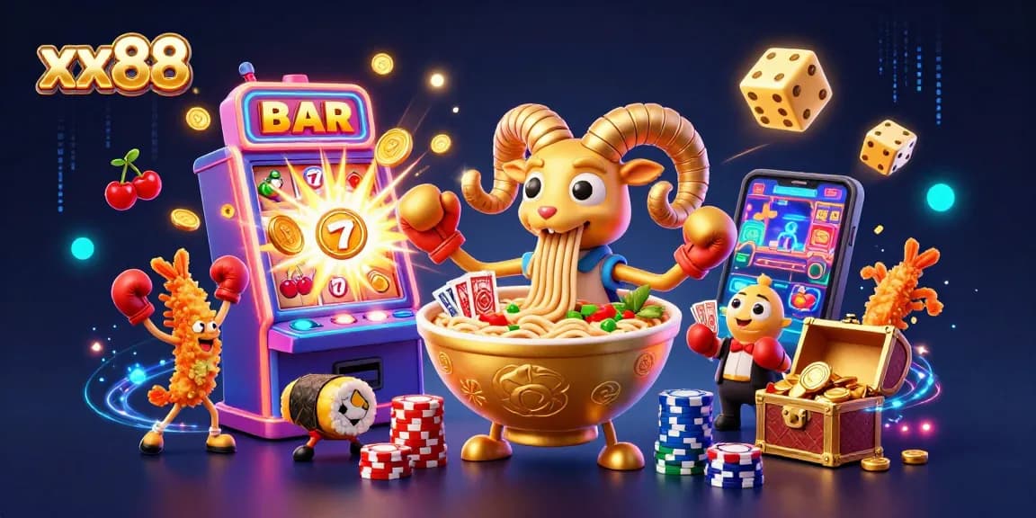 Experience thrilling wins at xx88 with a vibrant casino scene showcasing captivating games and fun characters.