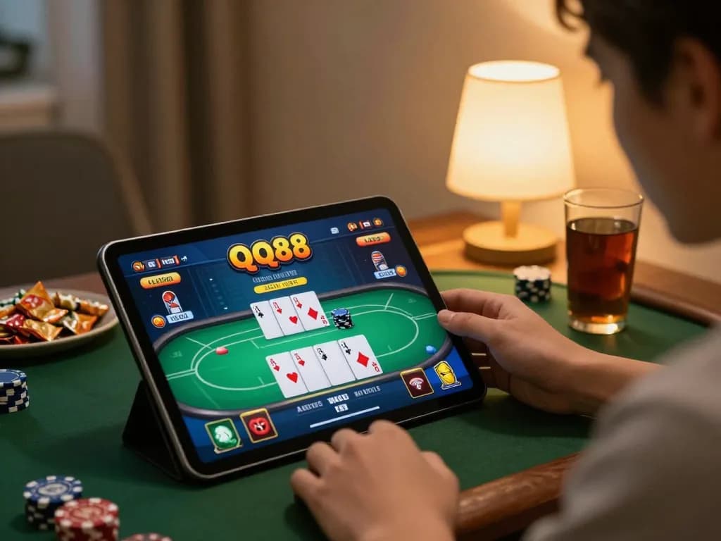 Engaging player enjoying qq88 poker game on tablet in a cozy home environment