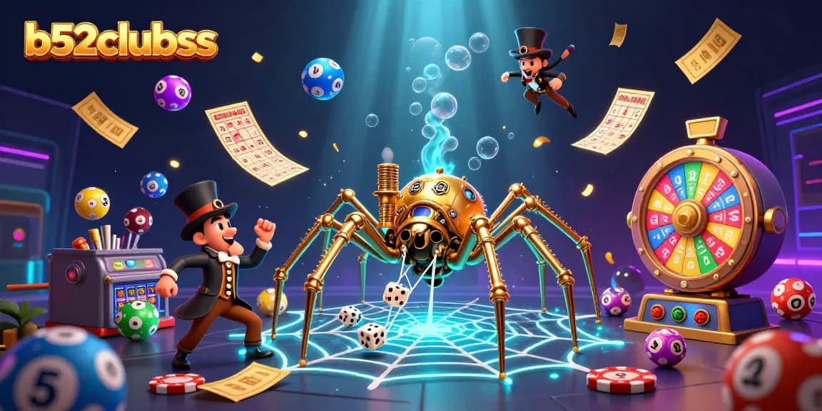 Engage with b52clubss through a vibrant 3D illustration of a steampunk spider and gaming elements.