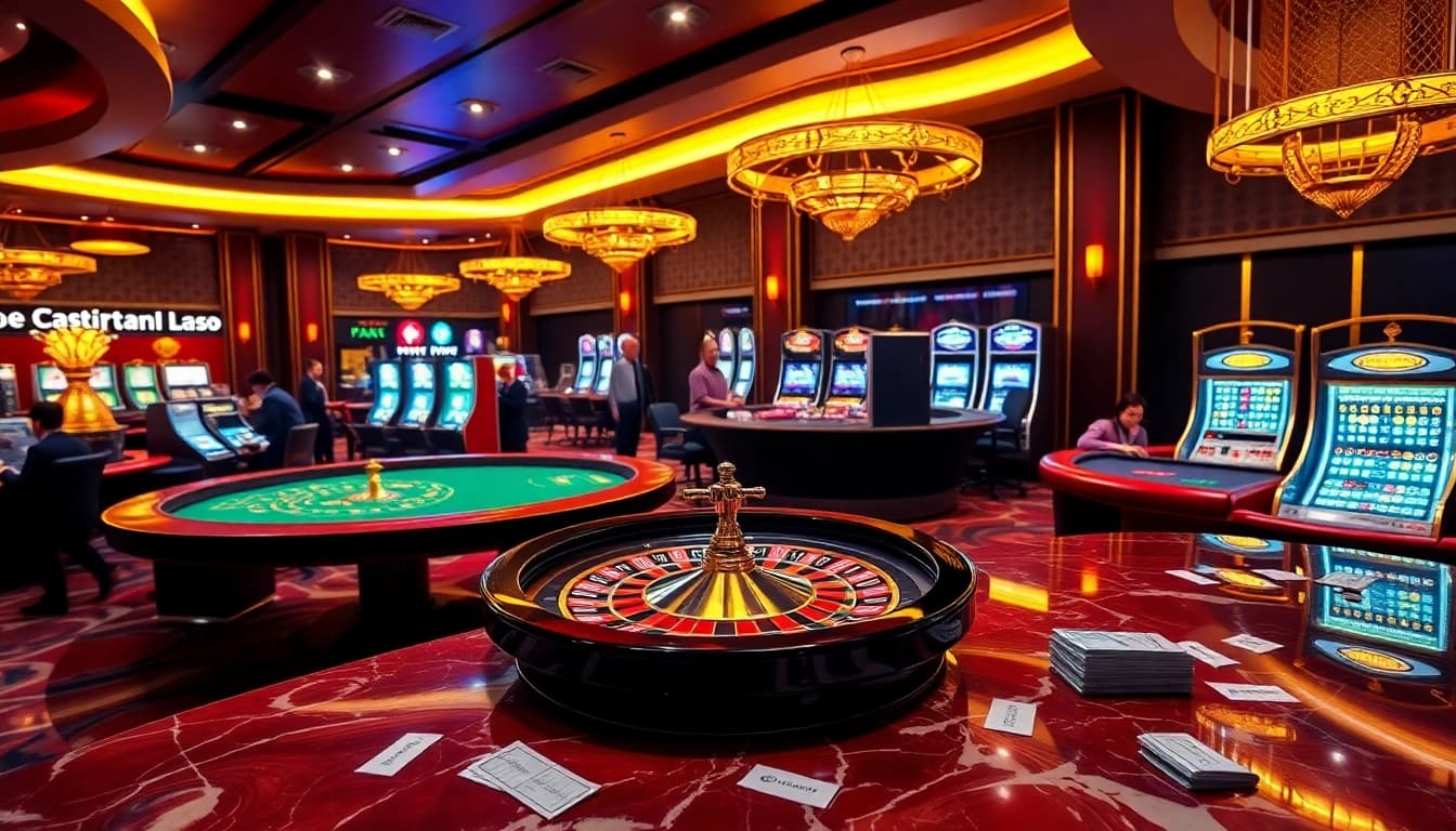 An engaging casino atmosphere with players at the roulette wheel and poker table showcasing excitement at https://11win12.com/.